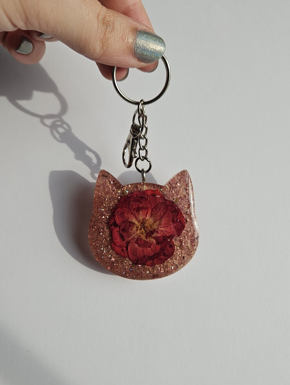 Handmade Cat Keychain With A Rose Flower And Rose Gold